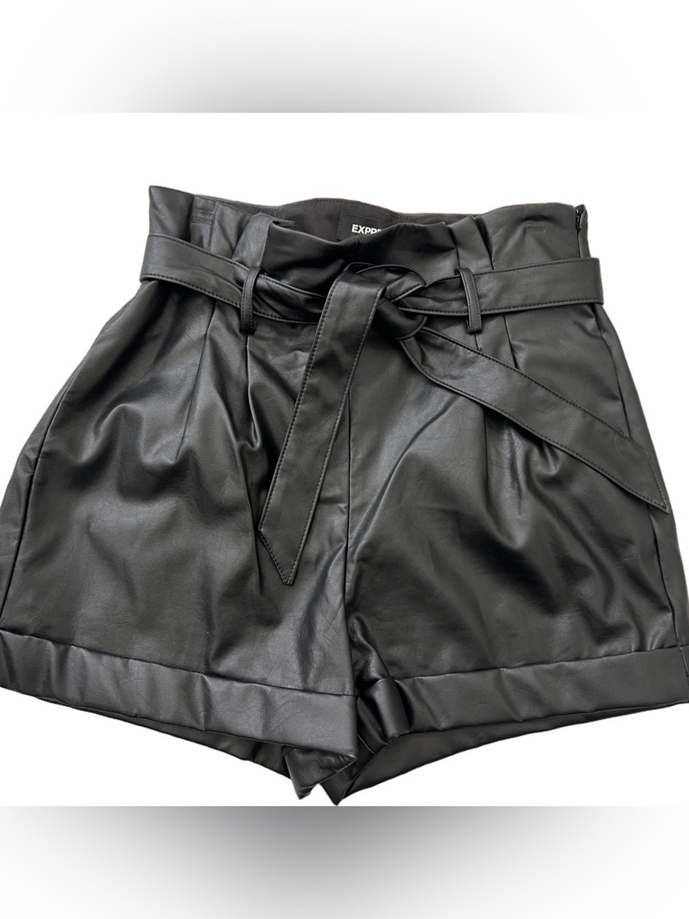 Express Black Faux Leather High-Waist Paperbag Shorts with Tie